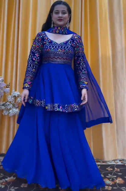 Blue georgette heavy work wedding palazzo suit