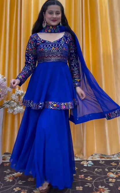 Blue georgette heavy work wedding palazzo suit