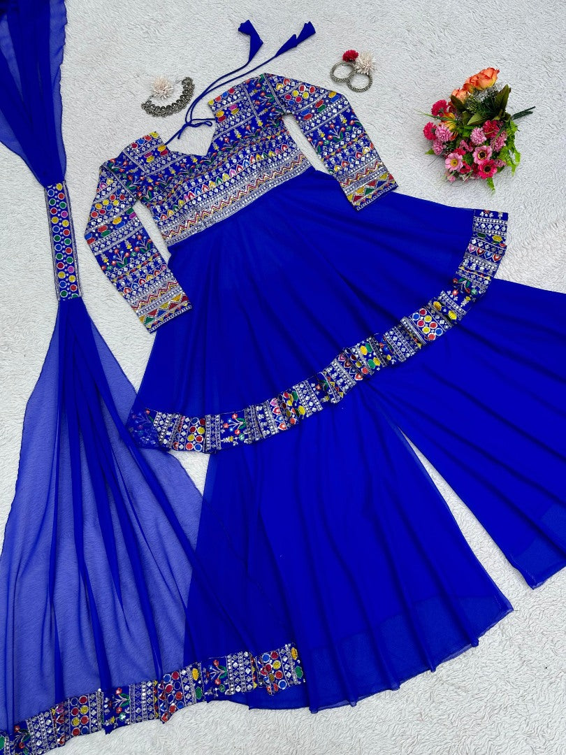 Blue georgette heavy work wedding palazzo suit
