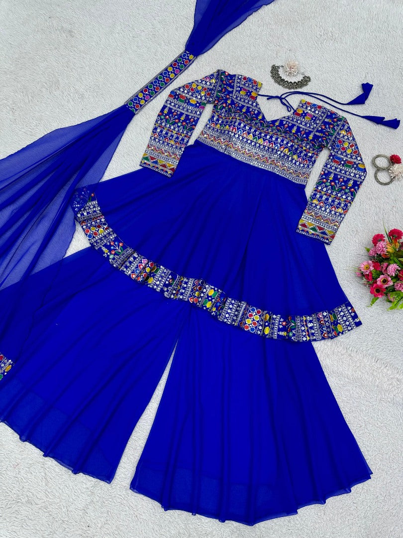 Blue georgette heavy work wedding palazzo suit