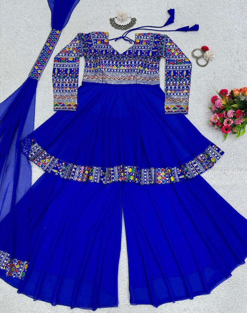 Blue georgette heavy work wedding palazzo suit