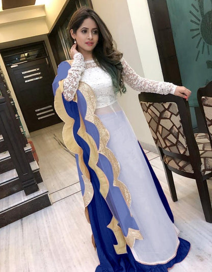 Blue georgette lehenga with white long top lehenga suit