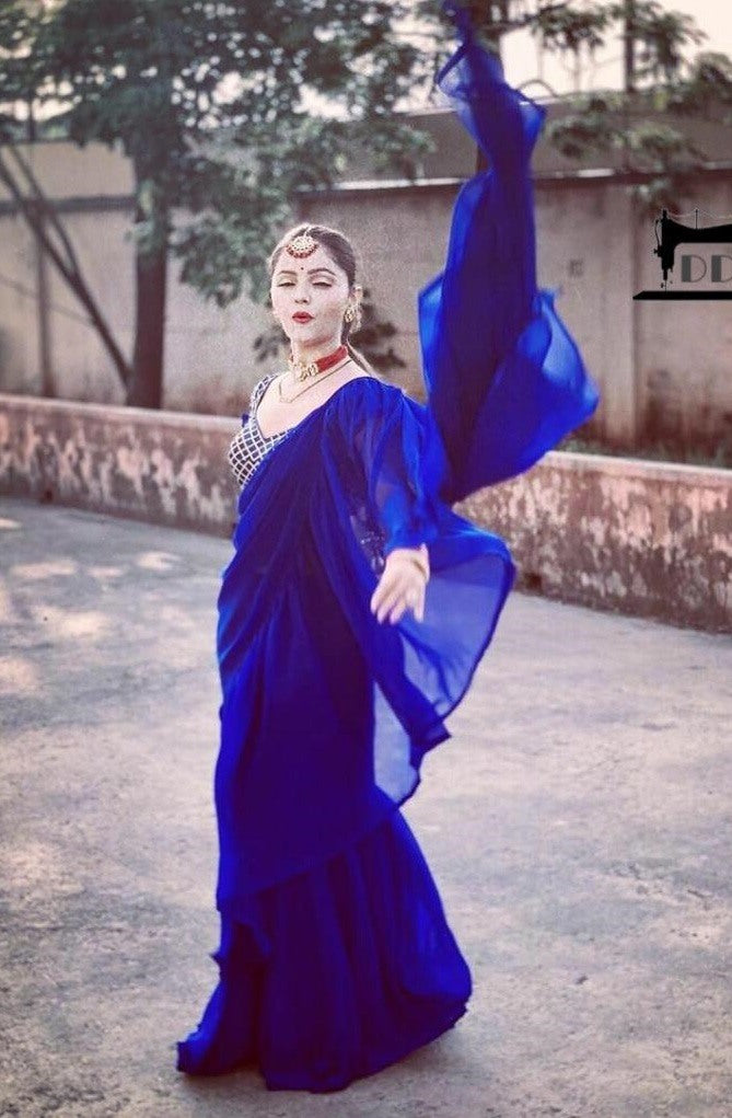 Blue georgette partywear ruffle saree