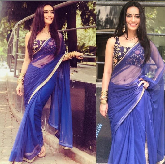 blue georgette partywear saree with embroidered blouse