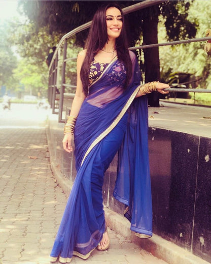 blue georgette partywear saree with embroidered blouse