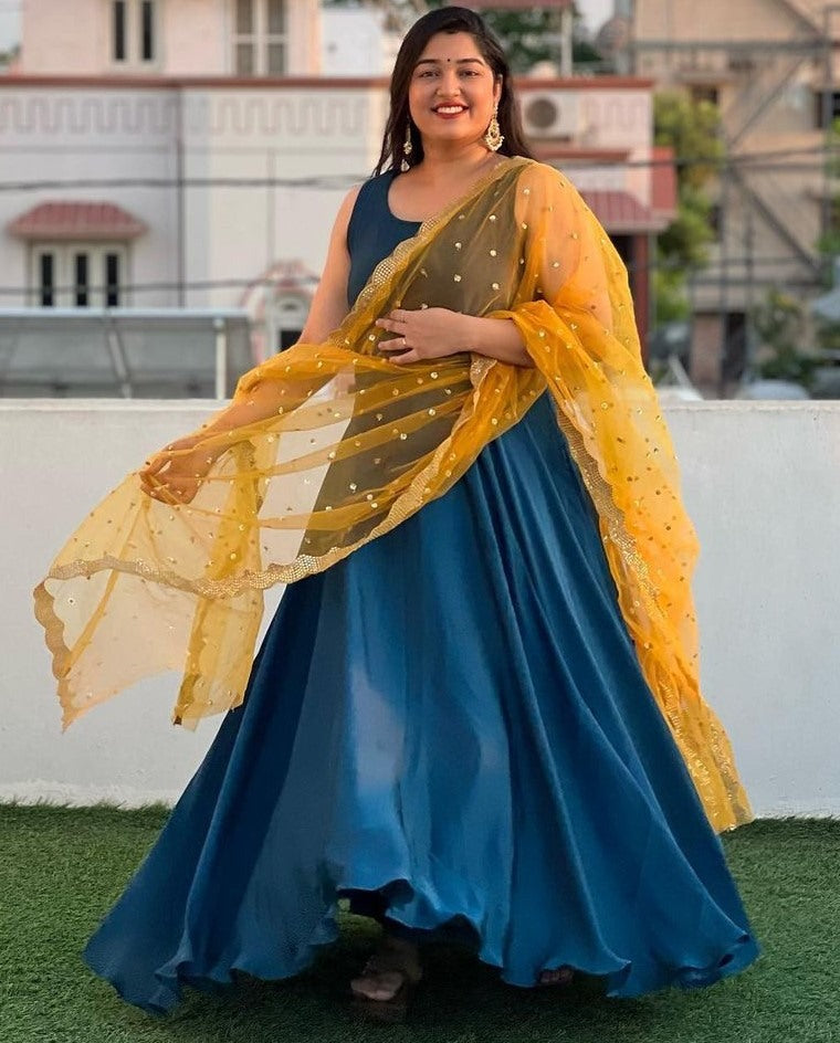 Blue georgette plain gown with yellow dupatta