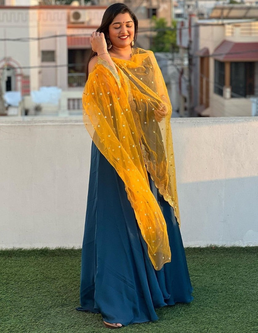 Blue georgette plain gown with yellow dupatta