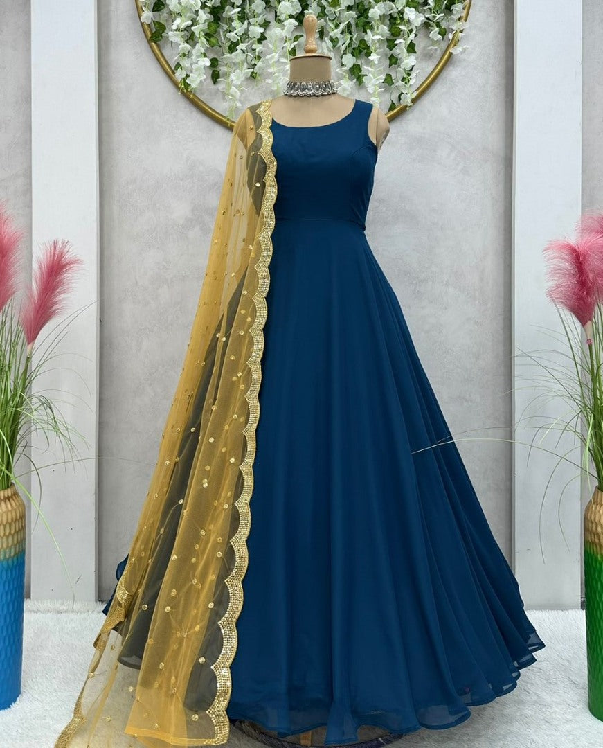 Blue georgette plain gown with yellow dupatta