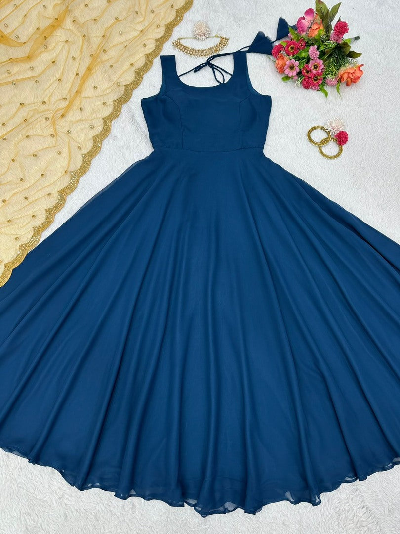 Blue georgette plain gown with yellow dupatta