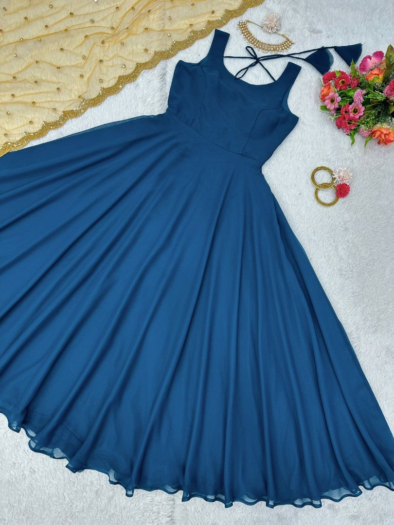 Blue georgette plain gown with yellow dupatta