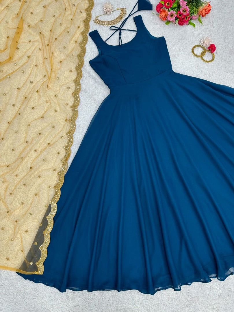 Blue georgette plain gown with yellow dupatta
