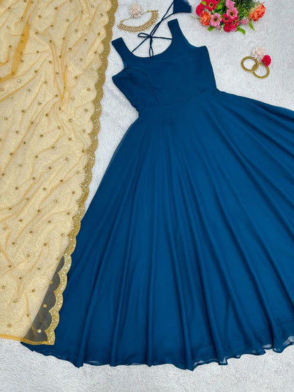 Blue georgette plain gown with yellow dupatta