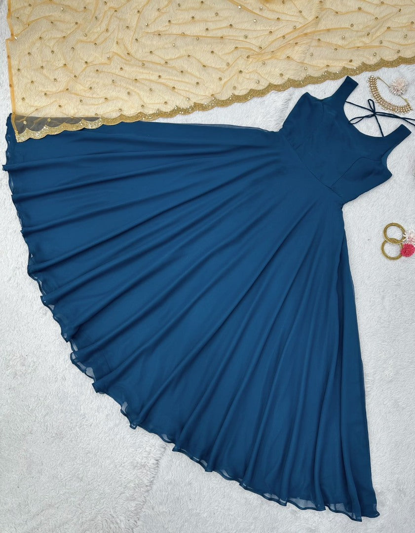 Blue georgette plain gown with yellow dupatta
