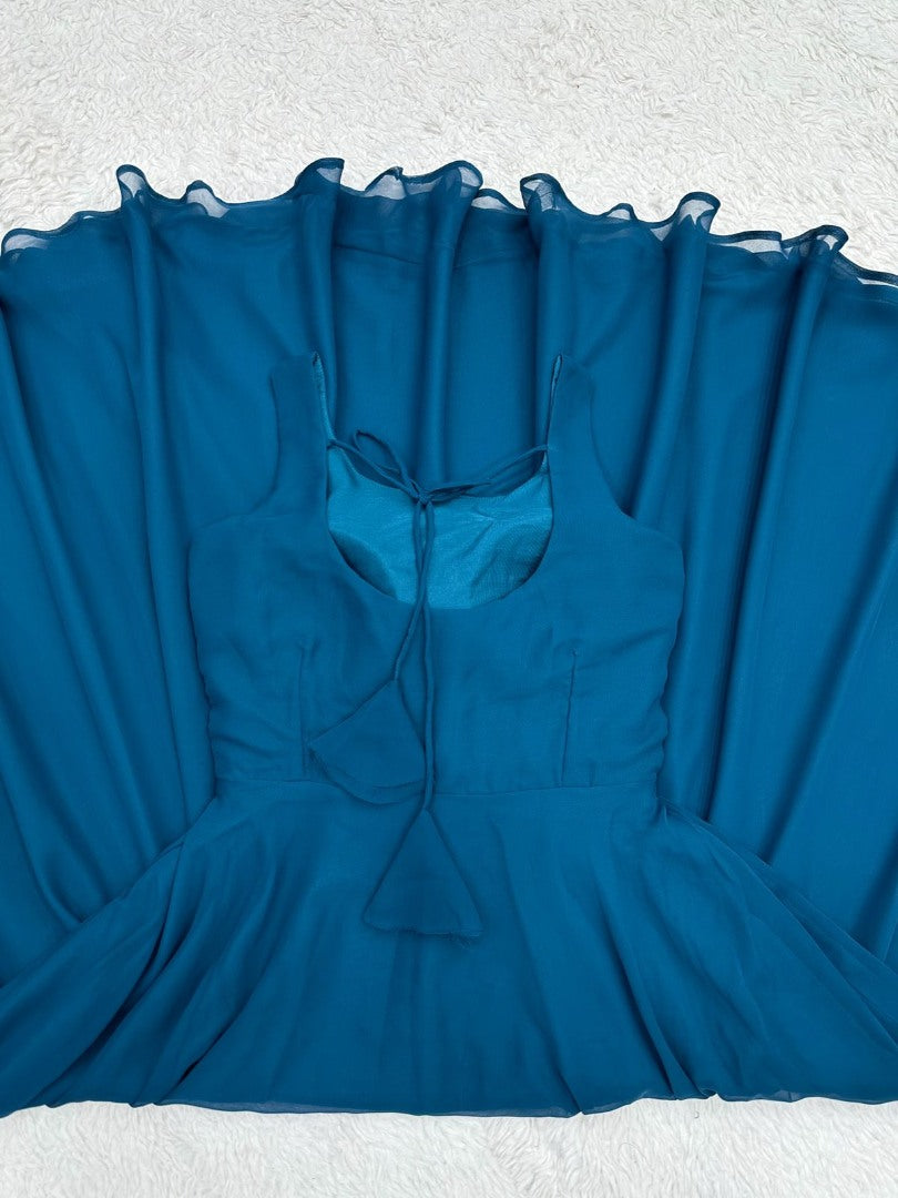 Blue georgette plain gown with yellow dupatta