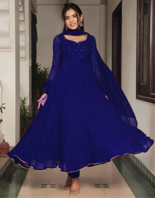 Blue georgette plain heavy flair party wear gown