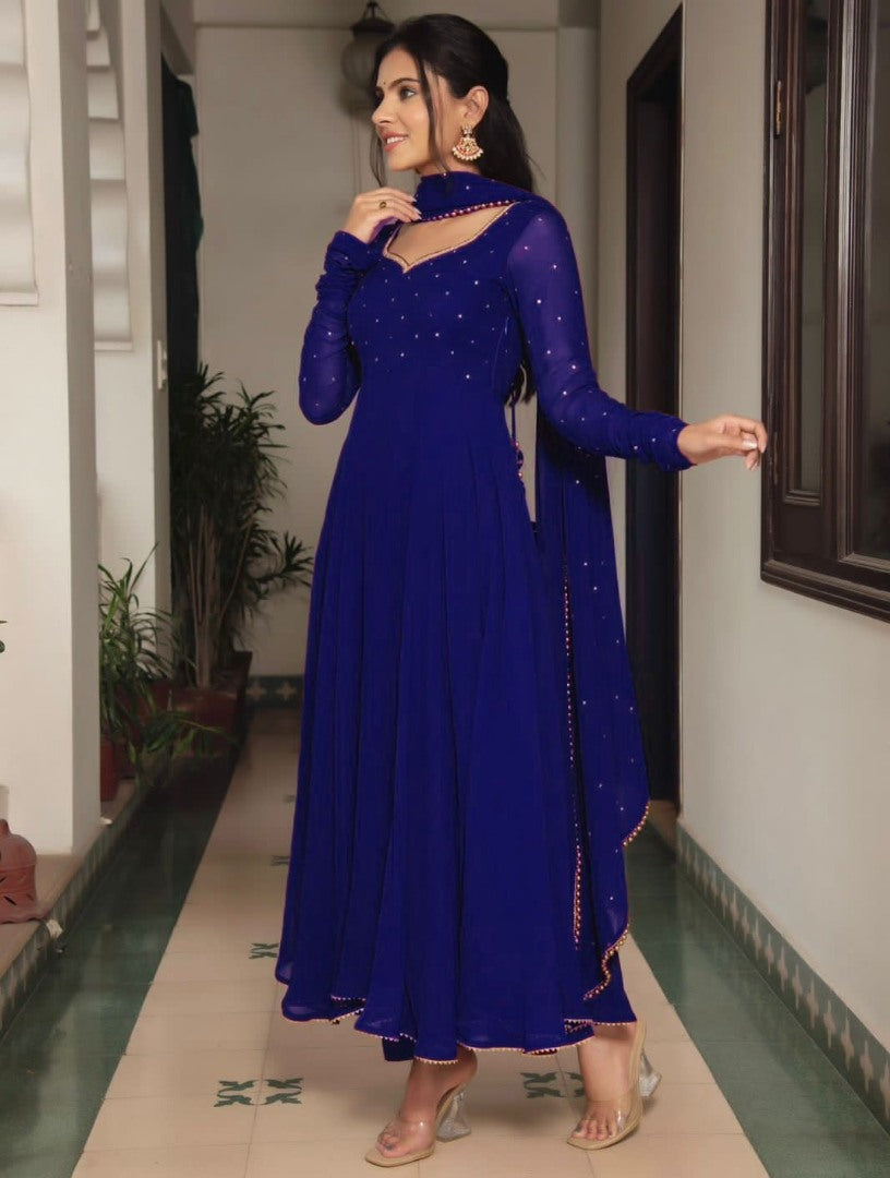 Blue georgette plain heavy flair party wear gown
