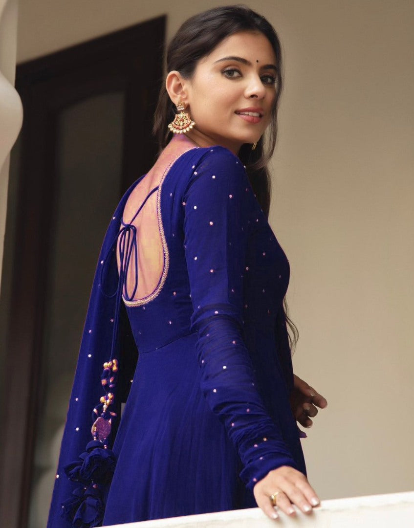 Blue georgette plain heavy flair party wear gown