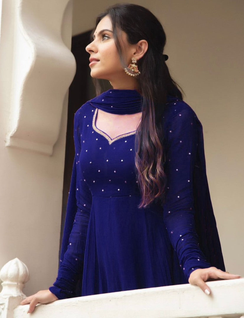 Blue georgette plain heavy flair party wear gown