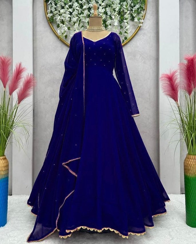 Blue georgette plain heavy flair party wear gown