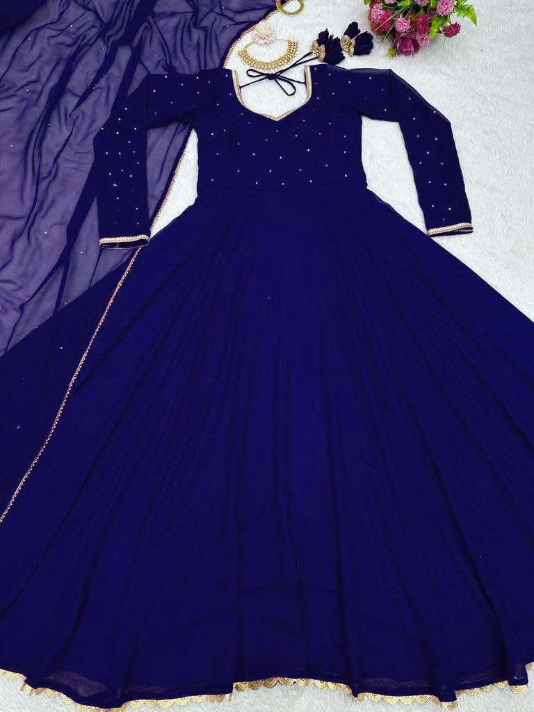 Blue georgette plain heavy flair party wear gown