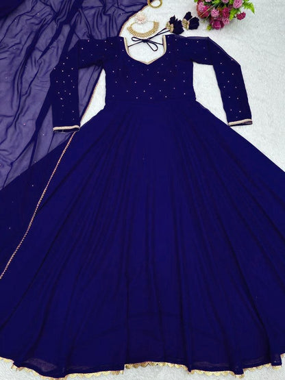 Blue georgette plain heavy flair party wear gown