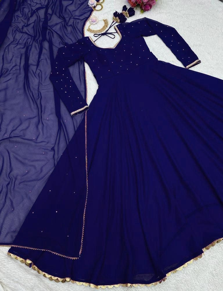 Blue georgette plain heavy flair party wear gown
