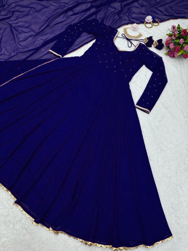 Blue georgette plain heavy flair party wear gown