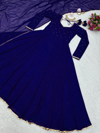 Blue georgette plain heavy flair party wear gown