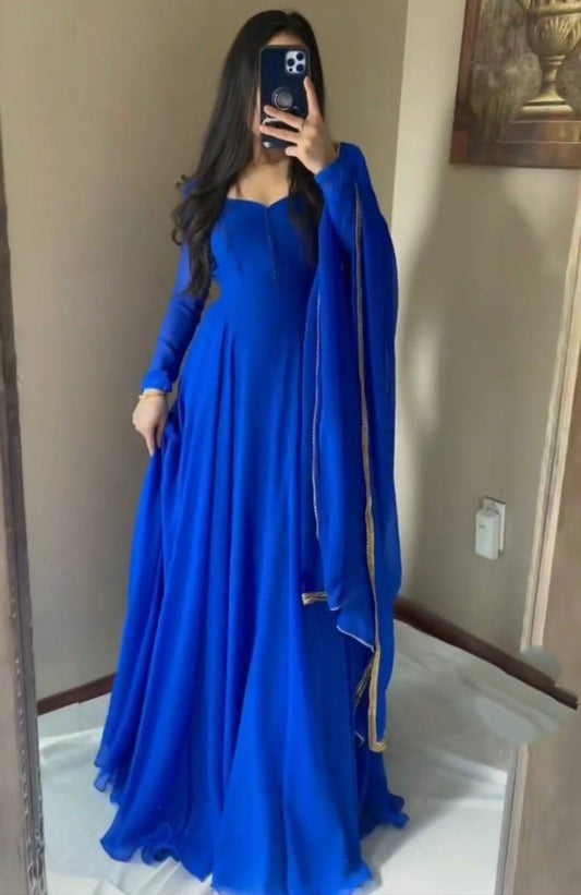 Blue georgette plain long party wear ethnic gown