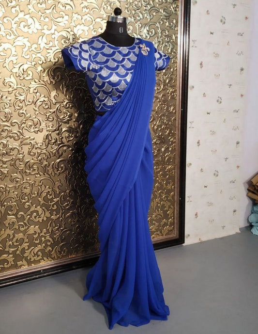 Blue georgette plain partywear saree