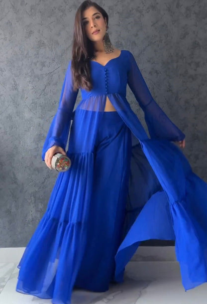 Blue georgette plain stylist palazzo suit