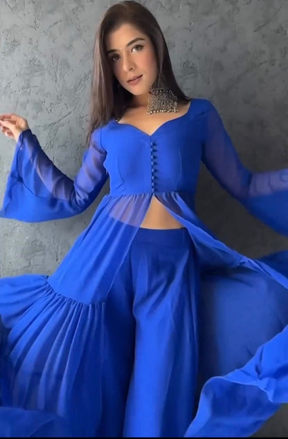 Blue georgette plain stylist palazzo suit