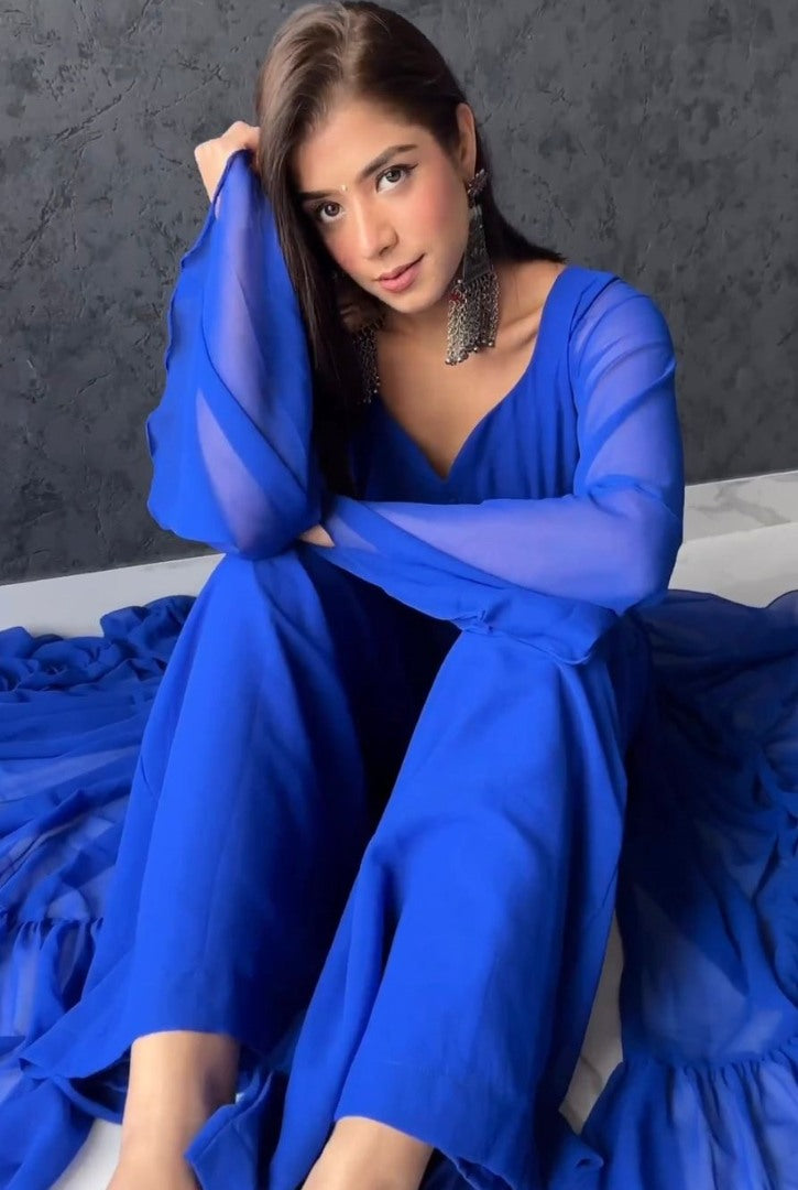 Blue georgette plain stylist palazzo suit