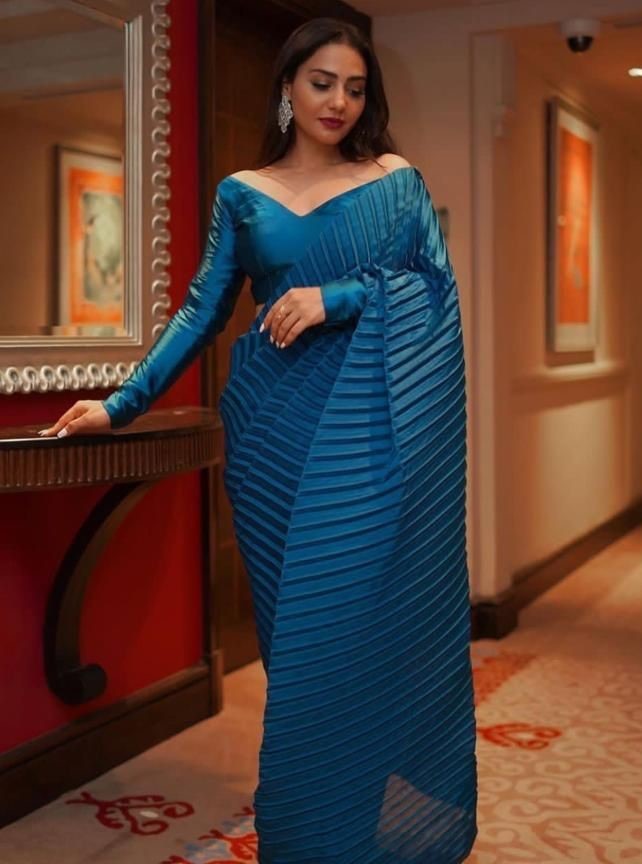 Blue georgette pleated saree