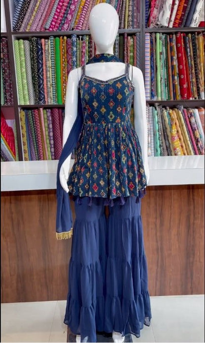 Blue georgette print and embroidered sharara salwar suit