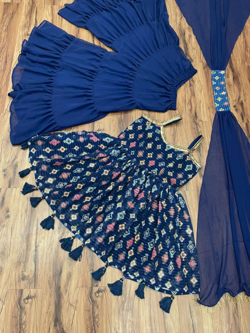 Blue georgette print and embroidered sharara salwar suit