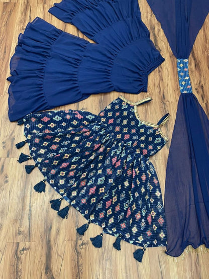 Blue georgette print and embroidered sharara salwar suit