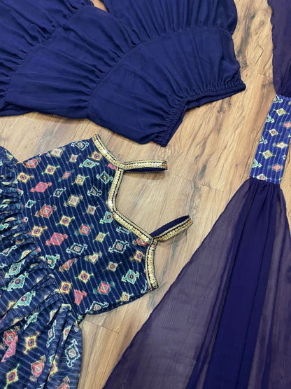 Blue georgette print and embroidered sharara salwar suit
