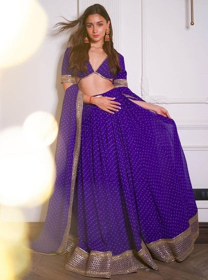 Blue georgette print and embroidered stylist bollywood lehenga choli