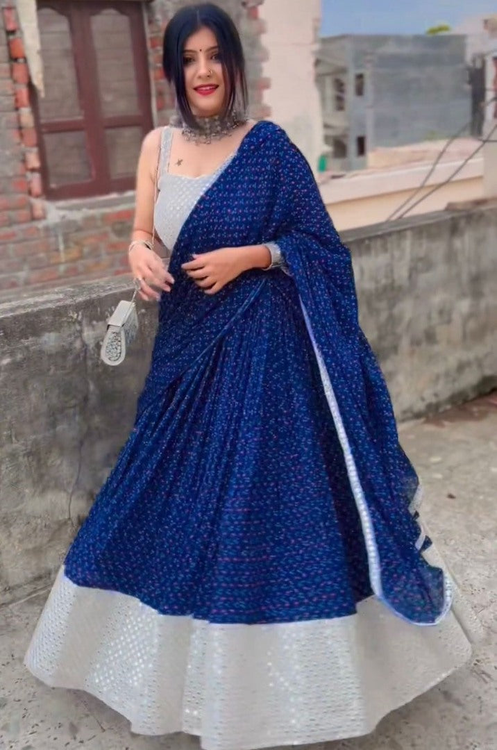Blue georgette print and embroidery work lehenga choli