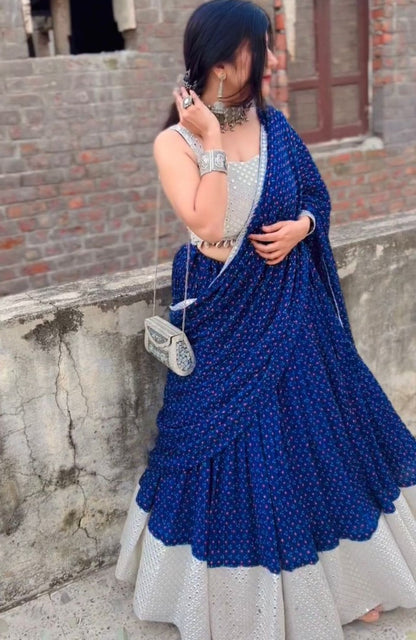 Blue georgette print and embroidery work lehenga choli