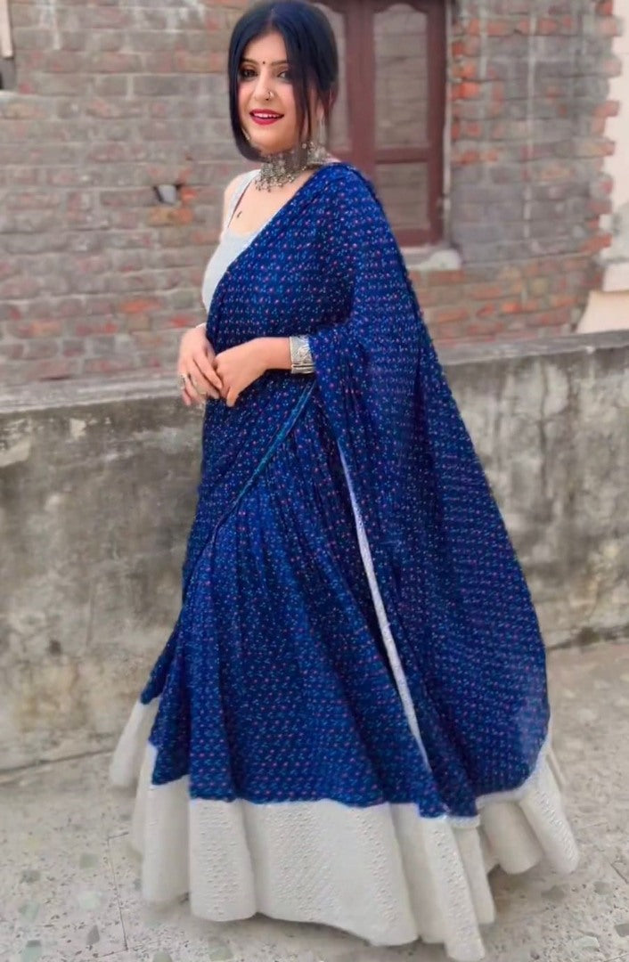 Blue georgette print and embroidery work lehenga choli