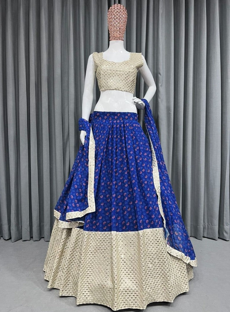 Blue georgette print and embroidery work lehenga choli