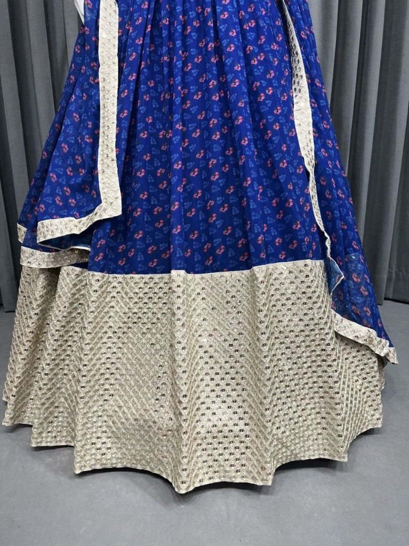 Blue georgette print and embroidery work lehenga choli