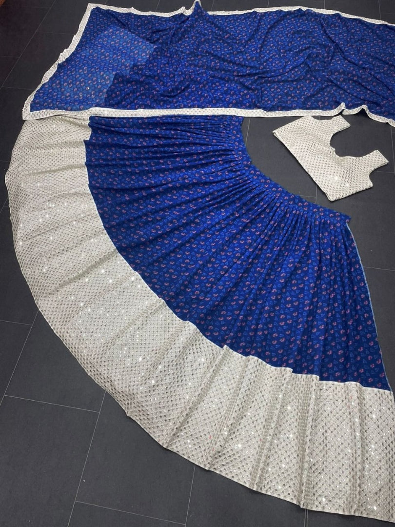 Blue georgette print and embroidery work lehenga choli