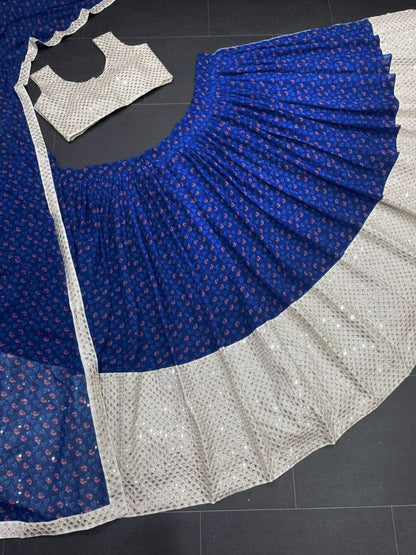 Blue georgette print and embroidery work lehenga choli