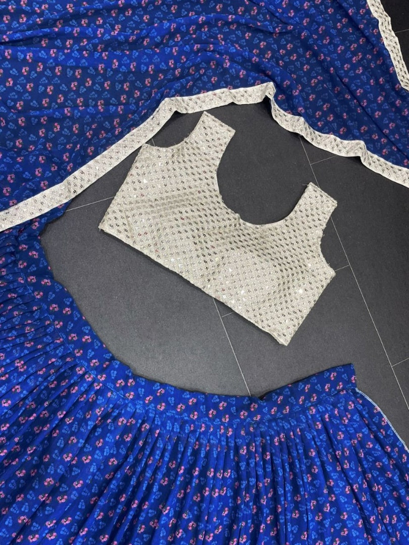 Blue georgette print and embroidery work lehenga choli