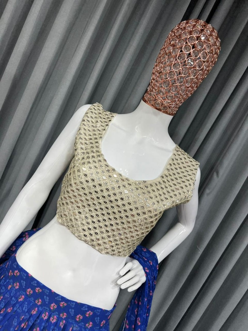 Blue georgette print and embroidery work lehenga choli