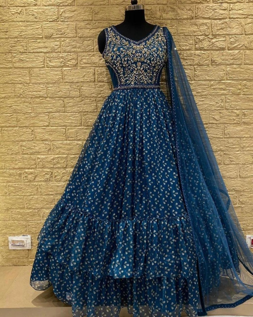 Blue georgette printed and embroidered gown