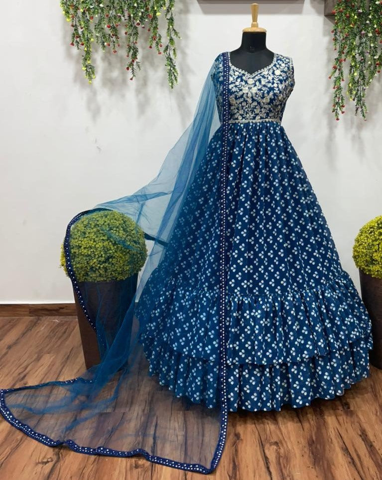 Blue georgette printed and embroidered gown